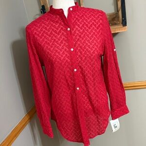 Ralph Lauren red cotton eyelet long sleeve button down blouse size medium